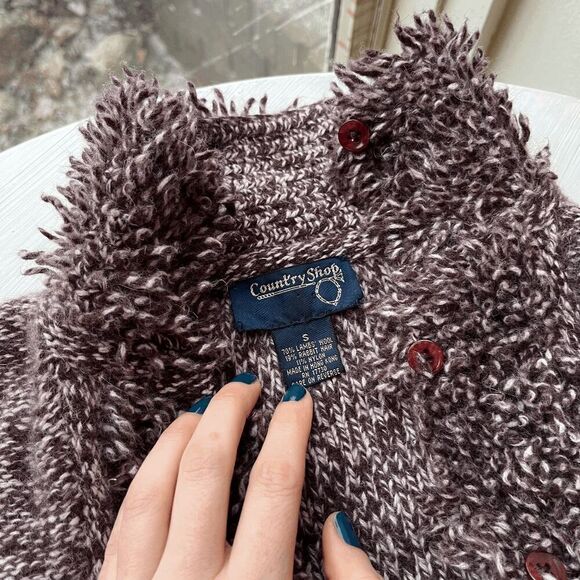 Vintage 70s CountryShop Wool & Angora Marled Knit Burandy Cardigan, S - Picture 2 of 7